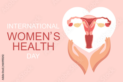 Women's Health Day. Female uterus in the heart in the hands. Medical poster, banner, vector