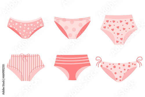 Women's pink panties with patterns. A set of women's underwear. Icons, vector
