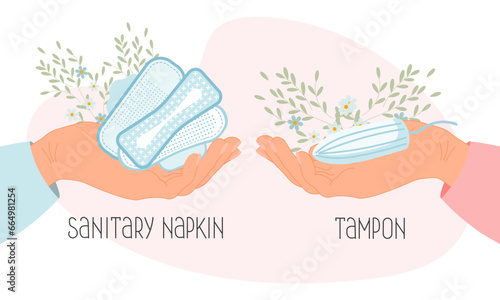 The composition of feminine hygiene. Sanitary pads and tampon in hands. Protection for a woman in critical days. Vector photo