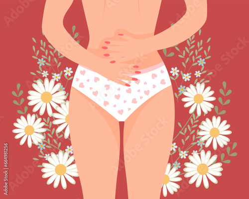 Menstrual period. Female body in panties with abdominal pain. Woman health concept with flowers. Illustration, vector