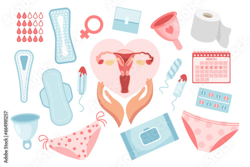 Feminine hygiene set. Menstrual period concept. Menstrual cup, tampons, uterus, soap, panties, monthly calendar, sanitary napkin and pills. Vector photo