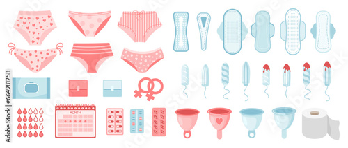 Feminine hygiene set. Menstrual period concept. Menstrual cup, tampons, soap, panties, monthly calendar, sanitary napkin and pills. Vector