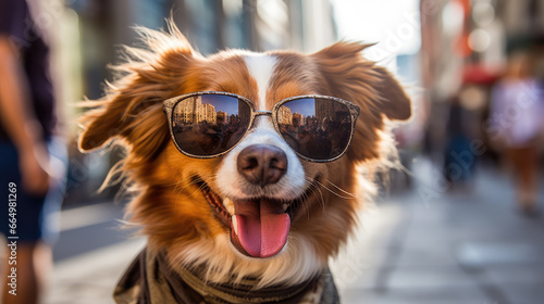 A happy dog wearing cool sunglasses and carrying a backpack on the street © didiksaputra