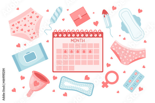 Feminine hygiene set. Menstrual period concept. Menstrual cup, tampons, uterus, soap, panties, monthly calendar, sanitary napkin and pills. Vector