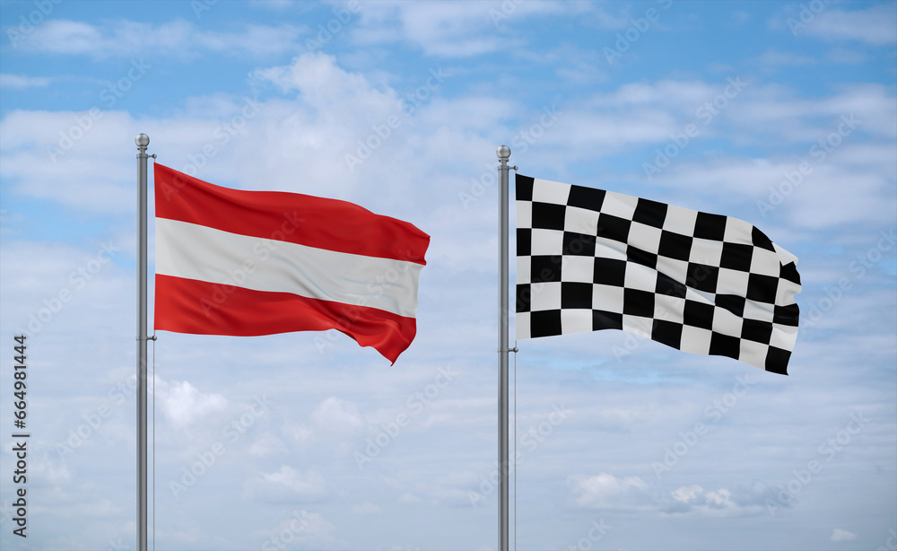 Checkered racing and Austria flags, country relationship concept