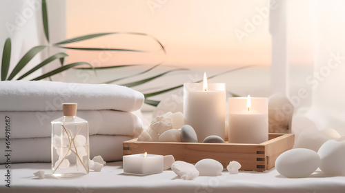 Spa accessory composition set in day spa hotel, beauty wellness centre. Spa product are placed in luxury spa resort room, ready for massage therapy from professional services photo