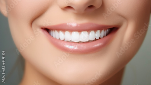 Close up of beautiful woman smile with healthy white teeth. Dental concept.
