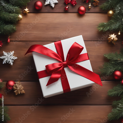 a Christmas gift on the wooden floor in the shape of a white box and a red bow