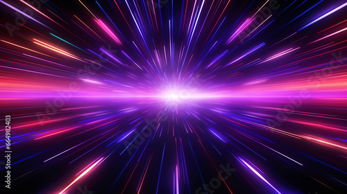 Purple and pink neon glow laser beam explosion, cyber and sci fi concept illustration, futuristic abstract background.