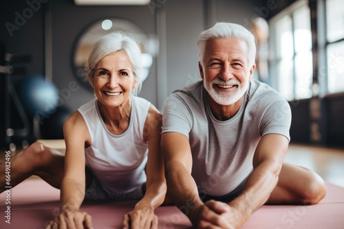 Happy elderly couple in the gym. Health care, fitness and body care concept. photo