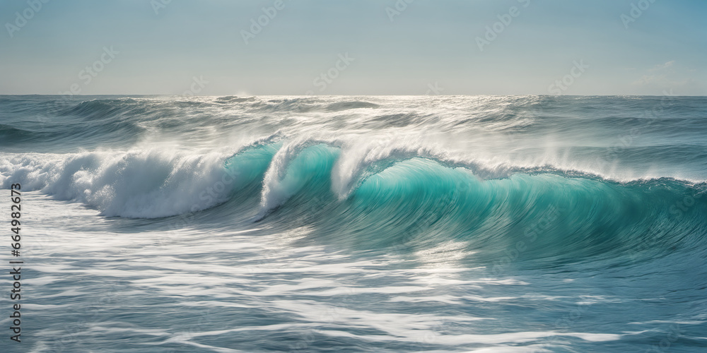 Giant ocean surf wave on a sunny day. Seascape illustration with stormy sea, turquoise water with white foam and splashes, skyline and blue sky without clouds. Generative AI Giant ocean surf wave on a sunny day. Seascape illustration with stormy sea, turquoise water with white foam and splashes, skyline and blue sky without clouds. Generative AI