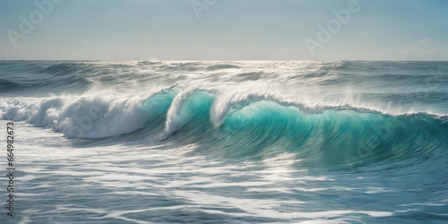 Giant ocean surf wave on a sunny day. Seascape illustration with stormy sea, turquoise water with white foam and splashes, skyline and blue sky without clouds. Generative AI