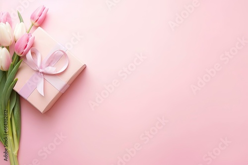 Pink gift box with ribbon bow and bouquet of tulips on isolated pastel pink background. © MdMohammod