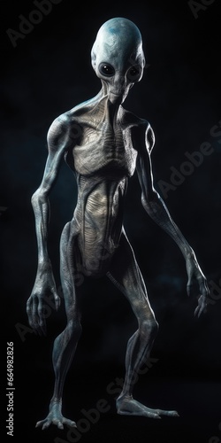 Full body view of scary gray alien with black large glass eyes, isolated on black background. UFO futuristic concept, aliens.