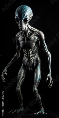 Full body view of scary gray alien with black large glass eyes, isolated on black background. UFO futuristic concept, aliens. © Eugene Verbitskiy