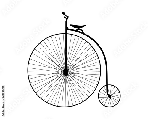 High wheeler bicycle or penny farthing bicycle drawing, black vector silhouette 