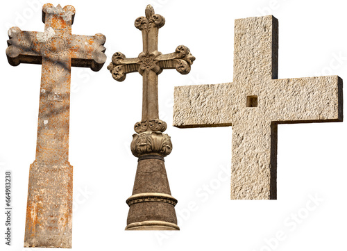 Collection of stone Religious Crosses isolated on white or transparent background, Italy, Europe. Png.