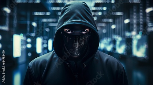 Binary Intrigue. Anonymous robotic hacker. Concept of hacking.