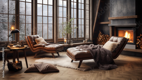 Foto Interior of cozy living room with fireplace and wooden floor.