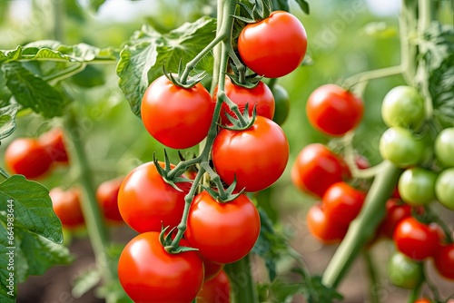 Fresh bunch of red natural tomatoes on a branch in vegetable garden.