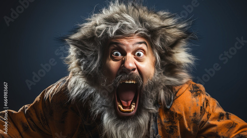 Bearded man in furry werewolf costume howling humorously. © XaMaps