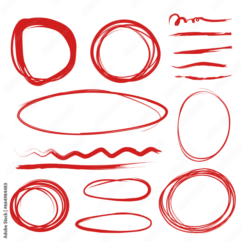 Lines and circles to highlight. Vector illustrations set of sketch highlighter, highlight red marker - obrazy, fototapety, plakaty 