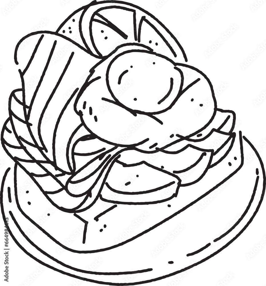 outline salmon and egg on avocado toast for breakfast on plate. cool doodle vector isolated on transparent background. outline salmon and egg on avocado toast for breakfast on plate. cool doodle vector isolated on transparent background.