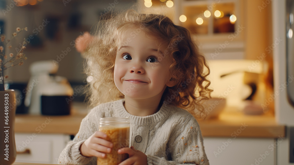 A toddler sipping milk in a kitchen