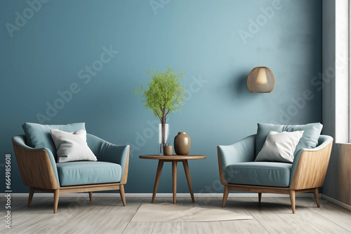 Interior design modern minimal living room with blue theme, interior luxury style, resort or hotel with luxury, three-dimensional, generative ai.