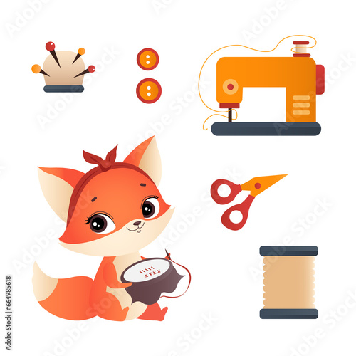 Hand and machine sewing. Logo. A cute cartoon fox sews with a needle and thread. Sewing. Embroidering is a hobby. Vector.