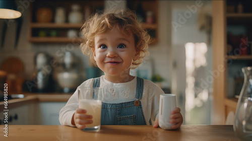 A toddler sipping milk in a kitchen © didiksaputra