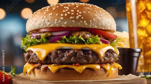 The hamburger with its juicy patty, melty cheese, and a medley of toppings