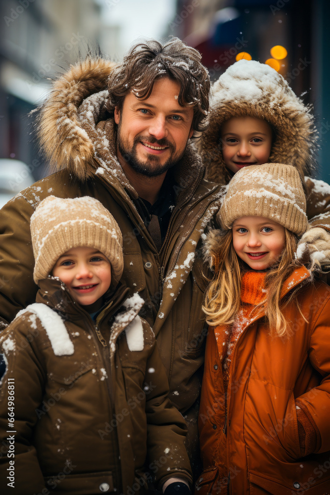 Family portrait in snowy, icy winter street. Family portrait in snowy, icy winter street.