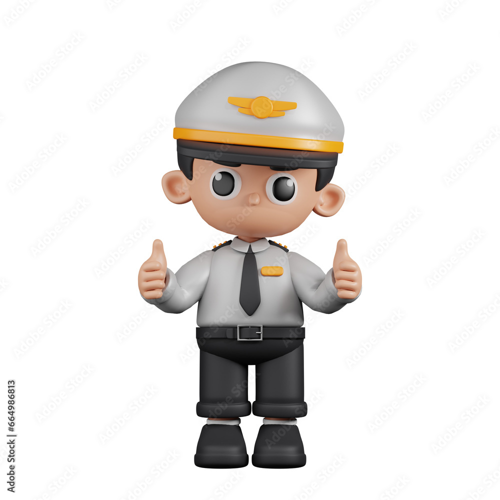 3d Character Pilot Giving A Thumb Up Pose. 3d render isolated on transparent backdrop.