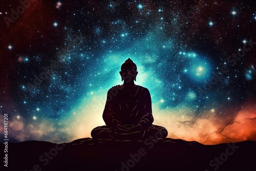 Buddha statue dark silhouette in starry galaxy night sky