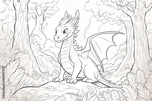 Cartoon coloring page, dragon in the forest sketch