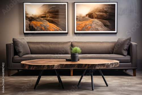 Living room with sofa and wooden table, brown colors