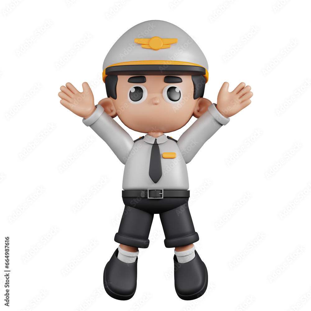 3d Character Pilot Jumping Celebration Pose. 3d render isolated on transparent backdrop. 3d Character Pilot Jumping Celebration Pose. 3d render isolated on transparent backdrop.