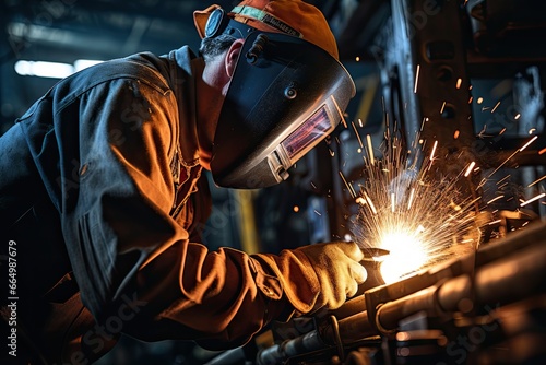 Welder welding sheet metal. Male welder wearing helmet working with welding torch in factory. Generative ai art. Working profession. photo