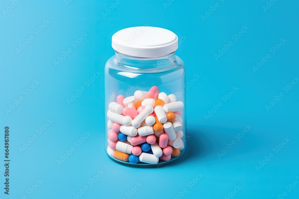 Colorful medical pills and tablets on transparent glass bottle. Medicine creative concepts. Bright blue background. Flat lay, top view with copy space Colorful medical pills and tablets on transparent glass bottle. Medicine creative concepts. Bright blue background. Flat lay, top view with copy space