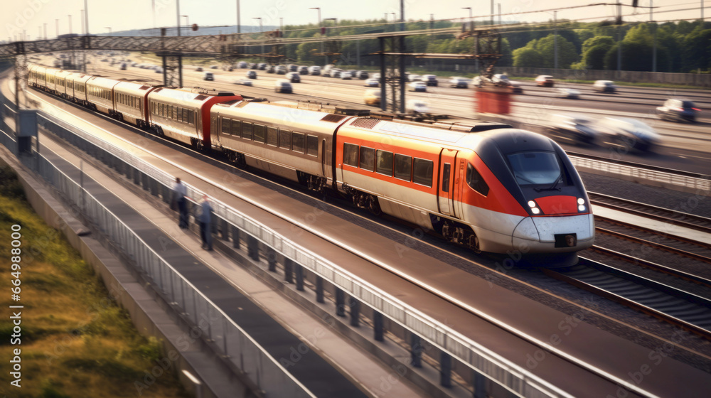 Fototapeta premium A train being faster overtaking a lot of cars stuck in traffic jam riding bumper to bumper traffic. A city with good public transportation system. Modern intercity passenger train in sunset.