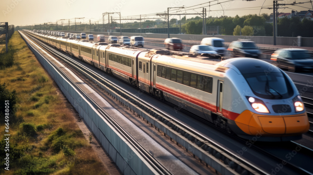 A train being faster overtaking a lot of cars stuck in traffic jam riding bumper to bumper traffic. A city with good public transportation system. Modern intercity passenger train in sunset. A train being faster overtaking a lot of cars stuck in traffic jam riding bumper to bumper traffic. A city with good public transportation system. Modern intercity passenger train in sunset.
