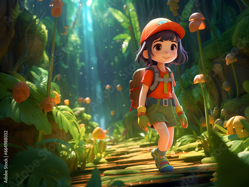 A cartoon girl exploring fairy jungle 