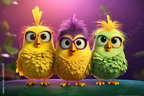 Cute little cartoon birds with glasses