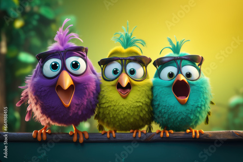 Cute little cartoon birds with glasses