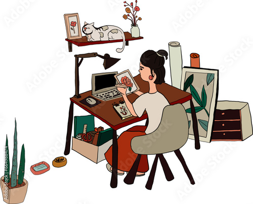 Freelance people work in comfortable condition vector flat illustration.Freelancer character working from home or room at relax pace.convenient workplace.women self employed concept.Covid-19 situation
