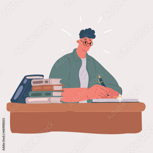 Vector illustration of Young male student writing information, while prepare for lectures in University campus, man working.