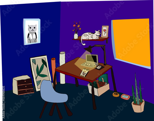 Freelance people work in comfortable condition vector flat illustration.Freelancer character working from home or room at relax pace.convenient workplace.women self employed concept.Covid-19 situation