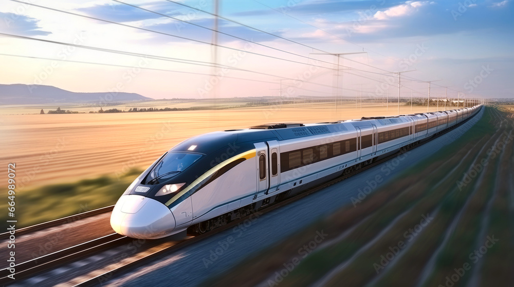 Naklejka premium High speed fast train passenger in motion at the railway