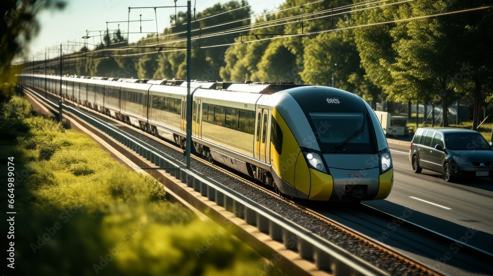 Naklejka premium A public transport train in the city overtaking traffic jam. A concept of great transportation system in a modern developed city. Beautiful and clear weather.